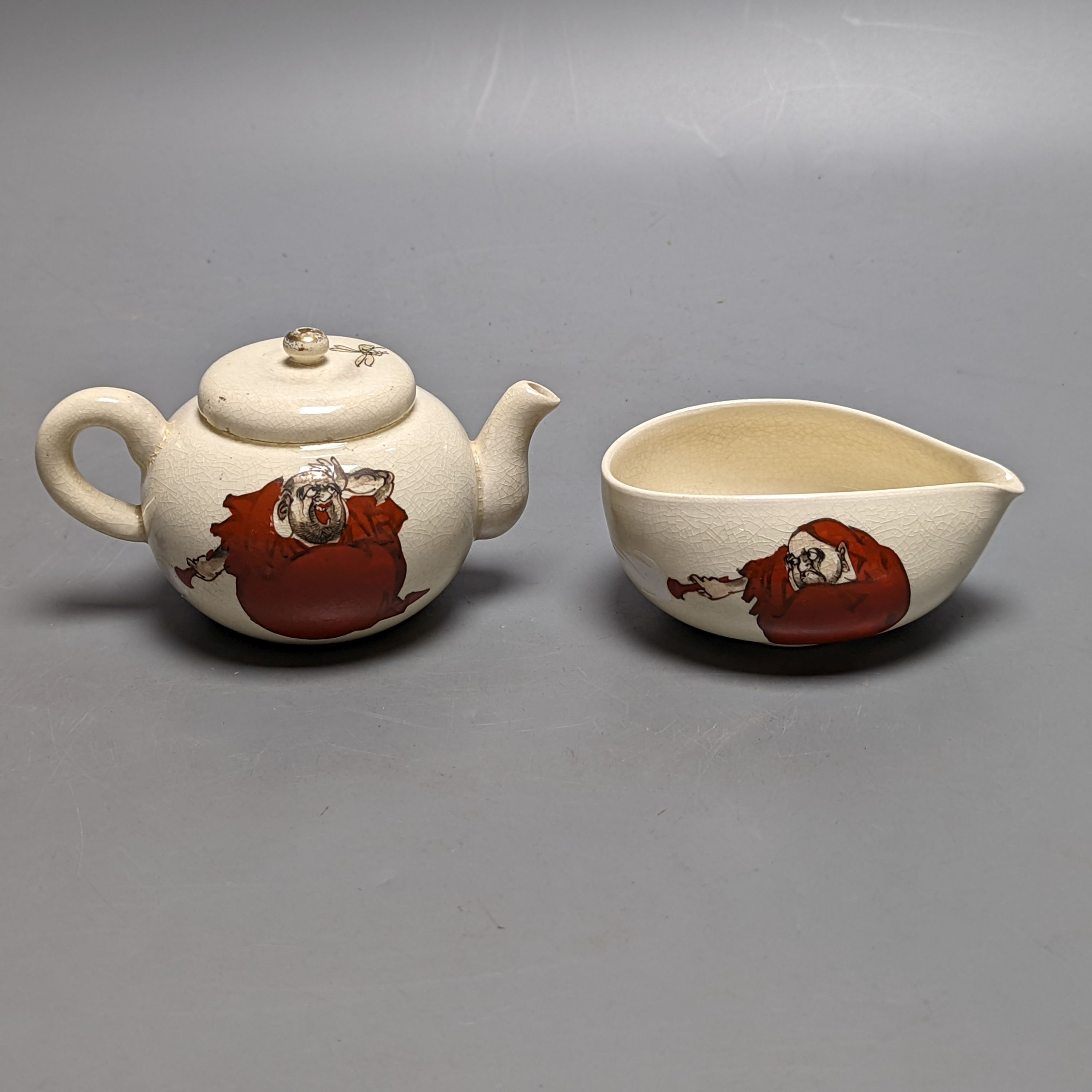 A Japanese pottery 'Daruma' teapot and pouring jug, circa 1900